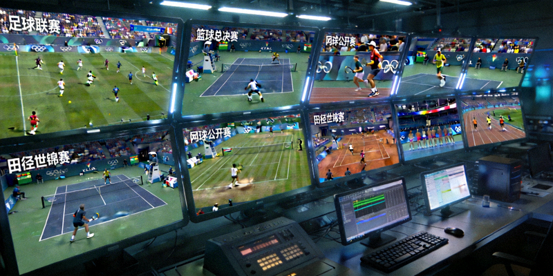 多画面直播监控室，显示不同体育赛事同时直播